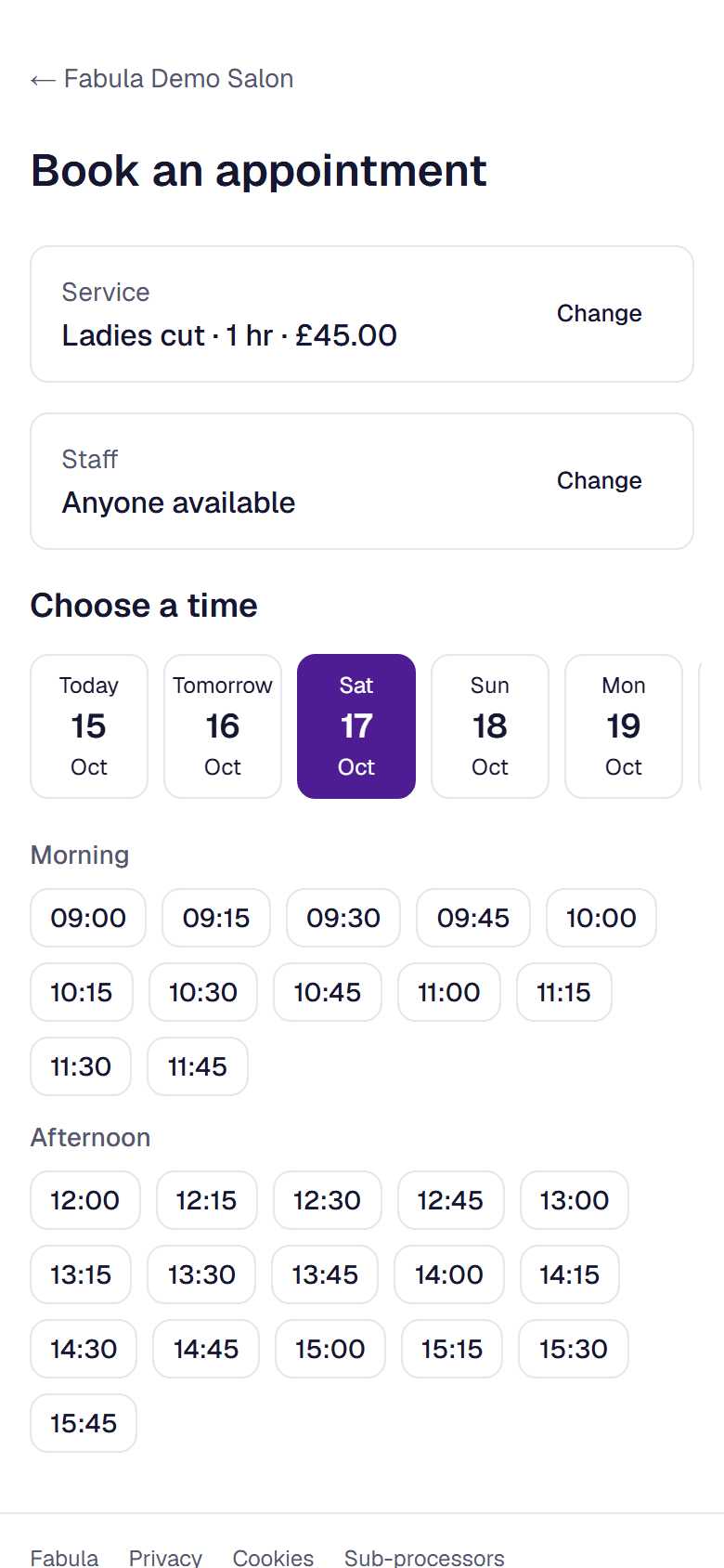 A salon's booking page on a phone, showing free times for a haircut
